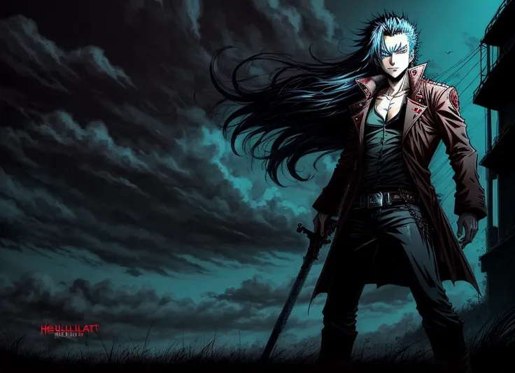 A male Vampire Hunter named Amir Ismail, with blue eyes and long hair that gets in his eyes, born during 1999 (Hellsing Art style)