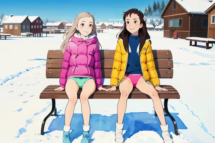 (superflat, flat shading, flat colors),  2girls, 14yo, teen, down jacket, (floral panties), no skirt, long hair, sitting on bench, spread legs, (drink coffee), smile, winter, snow, bright, wide angle, vibrant colors, watercolor, ghibli style