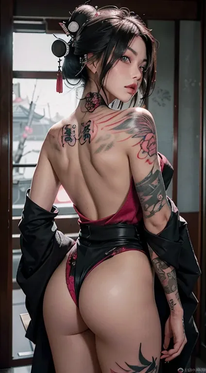 Best quality, masterpiece, super high resolution (authenticity: 1.1). A girl with beautiful pink eyes and bare back. Tattooed back. Tattooed. She is angry. Kimono. angry eyes. Intense look. intense eyes. Geisha. she has a katana. The movie version of warm ...