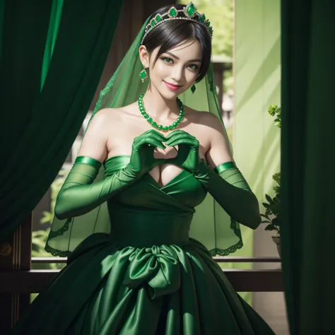 emerald tiara, Green Pearl Necklace, Boyish very short green hair, lipsticks, Japan woman smiling, very short short hair, big breasts beautiful, Green eyes, Long green gloves made of satin material, Green eyes, Emerald Earrings, green vale, Heart with both...