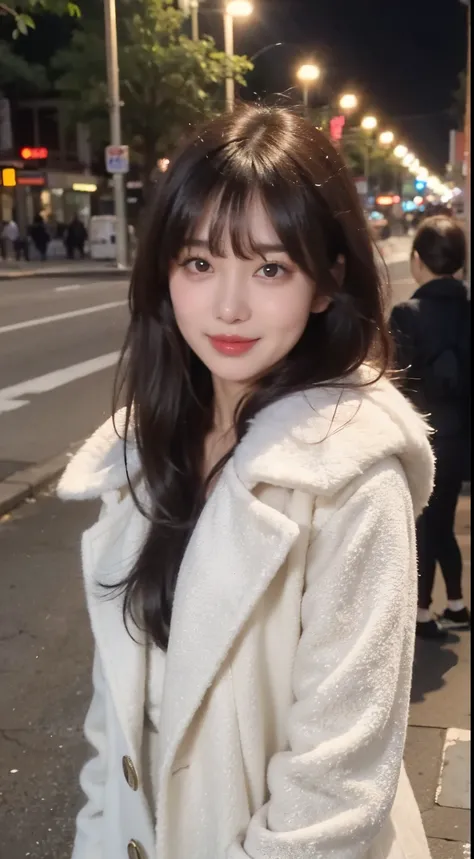 Wearing a white coat and fur collar, She has black hair，With bangs, Fluffy bangs, On the street at night，face to the viewer，Close your mouth and smile，mediuml breasts，with a round face，a 23 year old girl，Clothes are not open