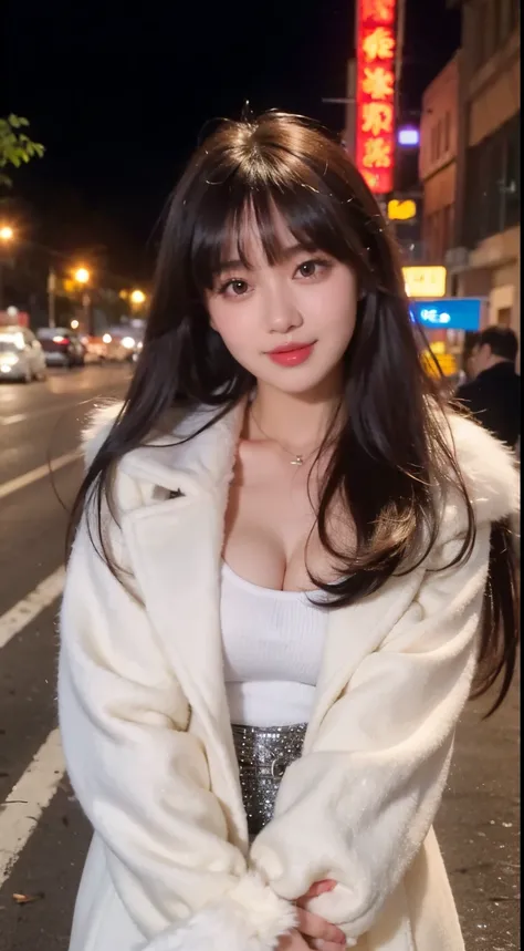 Wearing a white coat and fur collar, She has black hair，With bangs, Fluffy bangs, in a street at night，face to the viewer，The body faces the audience，close your mouth and smile，mediuml breasts，with a round face，a 23 year old girl，clothes together，The cloth...