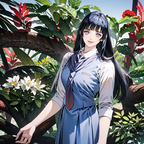 anime coloring, hinata hyuga, masterpiece, best quality, high quality, (intricate detailed 1.21, 1girl, solo, outdoors, happy face, smile), blunt bangs, pure eyes, long hair, dark blue hair, blunt bangs, medium breast, looking at viewer, from front, (weari...