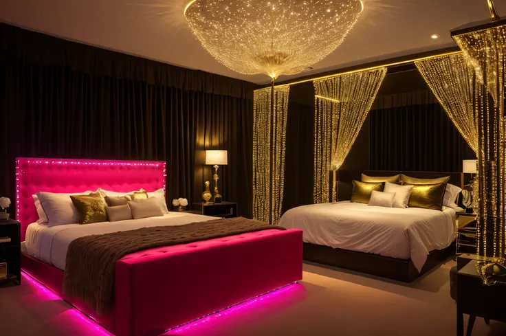 Black, gold, hot pink princess bedroom glam, diamonds, luxury, modern, red led lights, fairy lights,