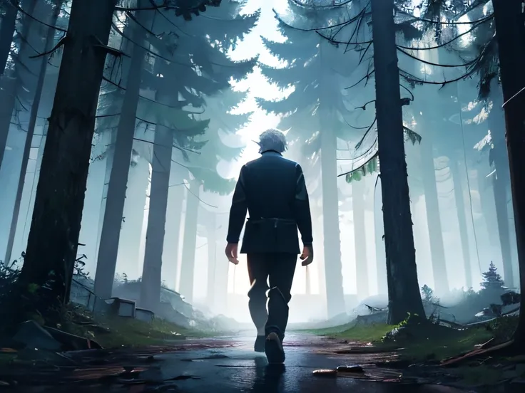 old man scientist turned away with black pants at dark night in the dark forest walking