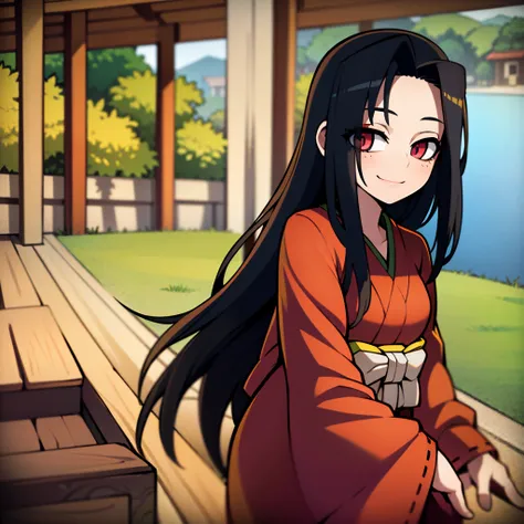 (best quality,4k,masterpiece:1.2),ultra-detailed,(realistic,photorealistic,photo-realistic:1.37),1young woman,smiling,black hair,red kimono,gazing at viewer,japan,kimono,grass,lake in the background,portraits,vivid colors,natural lighting