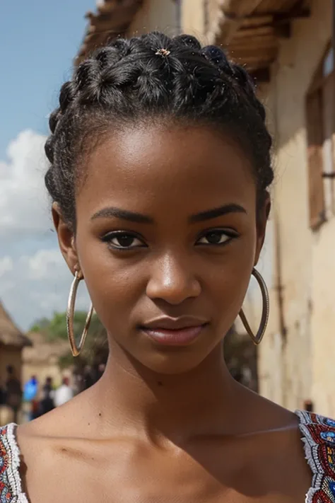 superbe fille africaine, cheveux bouclés courte, yeux bleus, hyper realistic, plantureuse poitrine, boucle doreilles, Percing au nez