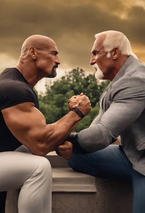 A shot of Hulk Hogan arm wrestling with The Rock on a rooftop helipad,WWE Wrestling,Hulk Hogan