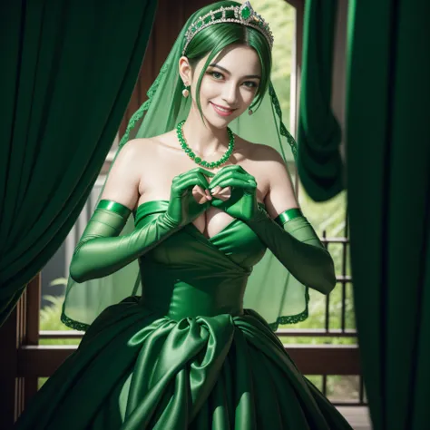 emerald tiara, Green Pearl Necklace, Boyish very short green hair, lipsticks, Japan woman smiling, very short short hair,  big breasts beautiful, Green eyes, Long green gloves made of satin material, Green eyes, Emerald Earrings, green vale, Heart with bot...