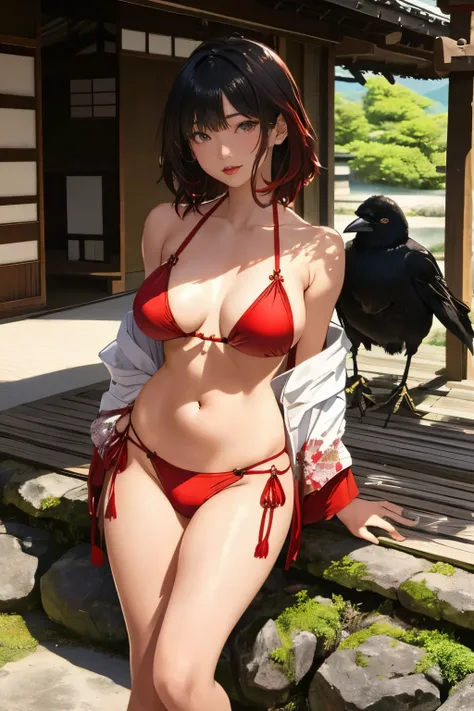 ((in the mountains of japan:1))、((on a tree))、sexy female crow tengu、Japanese traditional UMA tengu, sexy japanese monk costume, Sexy brown skin, Nice sexy body、tanned healthy sexy skin、One lady、(Red hair ornament)、((Black Japanese style sexy costume:1))、w...