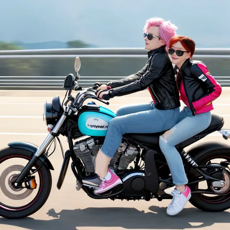 Disney Pixar characters a couple is riding a naked bike on the highway at the Rawang flyover.a handsome man with stylish hair, wearing sunglasses, wearing a black and white motorcycle jacket with red and blue cyan stripes, motorcycle gloves, jeans and spor...