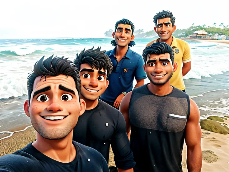 there are four men standing together on the beach smiling, the ocean in the background, with wet faces!!, standing near the beach, ocean in the background, selfie photo, at the sea, inspired by Thota Vaikuntham, captured on iphone, taken on go pro hero8, s...