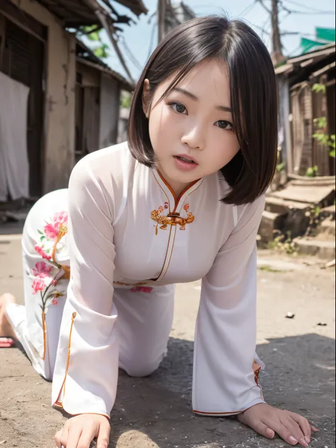 Beautiful Vietnamese woman，Beautuful Women，(Crawling on all fours)，crawling on hands and knees，Kneeling position，((put out the tongue))，(((Drooling)))，(dripping saliva)，Kamimei，(((Ao Dai)))，(Landscape of Vietnam)， ((Slums))，surrealism, F/1.2, Fuji Film, 35...