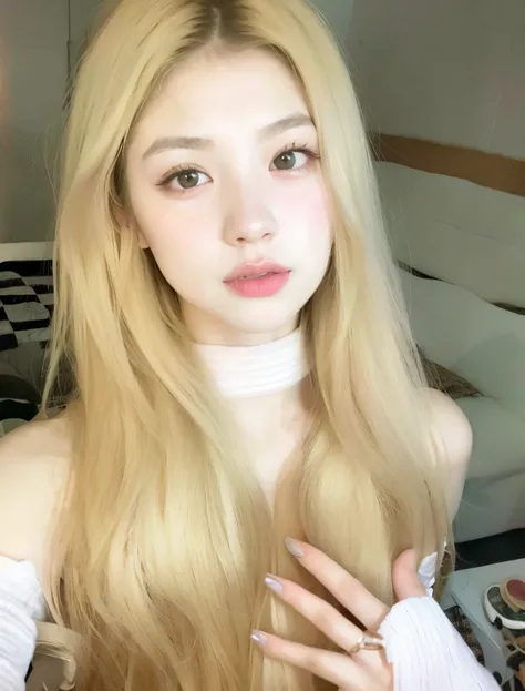 Un primer plano de una mujer con el pelo largo y rubio y un estrangulamiento, ulzzang, Parque Roseanne de Blackpink, extremely pale blond hair, pale porcelain white skin, Chica coreana, pale fair skin!!, pale round face, Wan adorable cara coreana, cabello ...