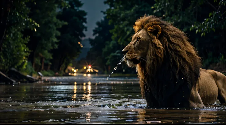 Lion drinking water in a river in the rain at night