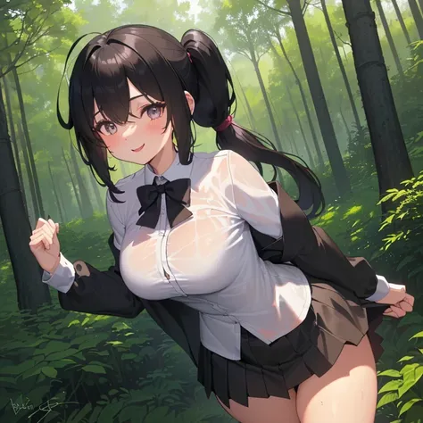 ((1 loli in sexy school clothes, mini skirt, mini blouse)),((alsen breasts)),((happy face, in a forest)),((walking, wet pussy, erect breasts)), ((very large pubic hair)),((big black hair with a short ponytail, bangs covering both eyes)),((facing the viewer...