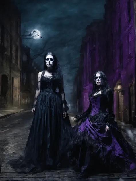 face-to-face shot. long shot. gothic horror painting in shades of blue and purple. snowy, deserted London street at midnight. (2girls) an ugly black-haired woman with decaying corpse-like face wearing a rotting purple Victorian dress snarls at an angry blo...