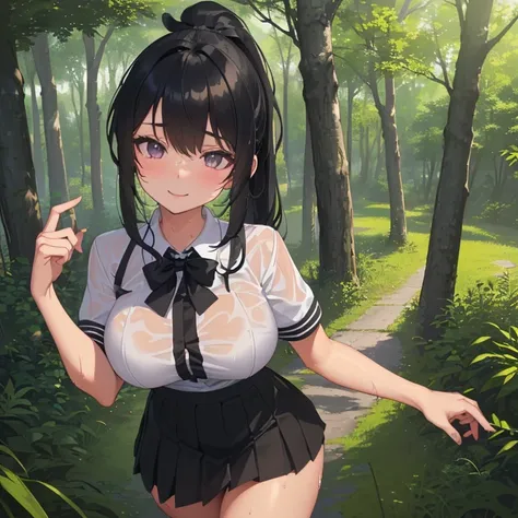 ((1 loli in sexy school clothes, mini skirt, mini blouse)),((alsen breasts)),((happy face, in a forest)),((walking, wet pussy, erect breasts)), ((very large pubic hair)),((big black hair with a short ponytail, bangs covering both eyes)),((facing the viewer...