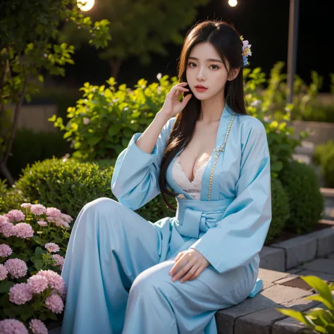 best quality, high_resolution, distinct_image, detailed background ,girl, hanbok,flower,garden,moon, night, cleavage, loose fit