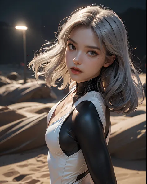 (Extreme Detail CG Unity 8K wallpaper, masterpiece, highest quality), (Exquisite lighting and shadow, highly dramatic picture, Cinematic lens effect), a girl in a white Spider-Man costume, microkini, silver gray hair color, from the Spider-Man parallel uni...