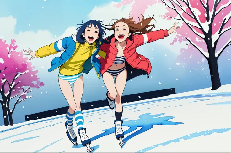 (superflat, flat shading, flat colors),  2girls, 14yo, teen, down jacket, (striped panties), no skirt, long hair, ice skating, smile, laugh, fun, play, dynamic pose, winter, snow, bright, wide angle, vibrant colors, watercolor, ghibli style