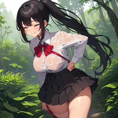 ((1 loli with sexy school clothes, mini skirt)),((silent breasts)),((happy face, in a forest)),((walking, wet pussy, erect nipples)),((hair very large pubic hair)),((big black hair with a short ponytail, with very large bangs covering the face, eyes closed...