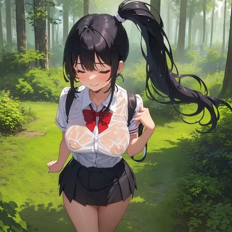 ((1 loli with sexy school clothes, mini skirt)),((silent breasts)),((happy face, in a forest)),((walking, wet pussy, erect nipples)),((hair very large pubic hair)),((big black hair with a short ponytail, with very large bangs covering the face, eyes closed...