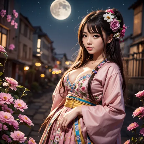 best quality, high_resolution, distinct_image, detailed background ,girl, hanbok,flower,garden,moon, night, cleavage, loose fit