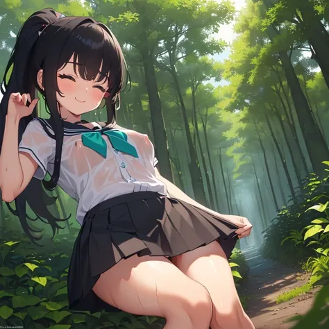 ((1 loli with sexy school clothes, mini skirt)),((silent breasts)),((happy face, in a forest)),((walking, wet pussy, erect nipples)),((hair very large pubic hair)),((big black hair with a short ponytail, with very large bangs covering the face, eyes closed...