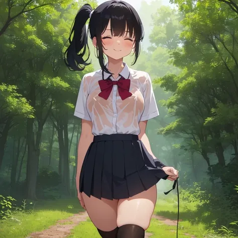 ((1 loli with sexy school clothes, mini skirt)),((silent breasts)),((happy face, in a forest)),((walking, wet pussy, erect nipples)),((hair very large pubic hair)),((big black hair with a short ponytail, with very large bangs covering the face, eyes closed...