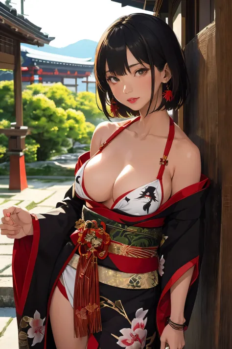 ((in the mountains of japan:1))、((on a tree))、sexy female crow tengu、Japanese traditional UMA tengu, sexy japanese monk costume, Sexy brown skin, Nice sexy body、tanned healthy sexy skin、One lady、(Red hair ornament)、((Black Japanese style sexy costume:1))、w...