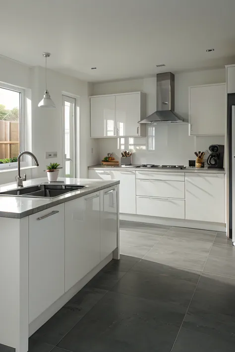 White kitchen render, with white walls and cabinets, contemporary style, slate floor