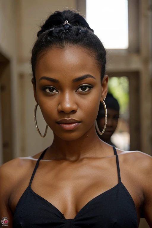 superbe fille africaine, cheveux coupe, yeux bleus, cheveux noir,  cheveux courts, hyper realistic, Percing au nez, corps complete