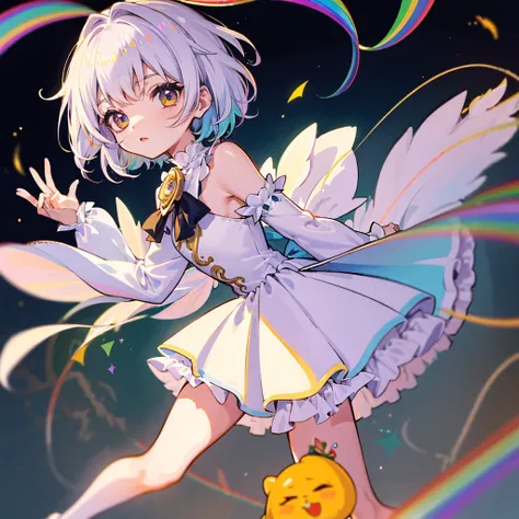 (etiqueta: 1.5) ((Chibi Chara)), fundo branco, Felpudo, garota, Fantasia de Lolita, Chibi Chara, corpo inteiro, Cabelos Pastel, conto de fadas, Fantastic, Rainbow, design de camisetas, Melhor obra-prima, best quality, 16k