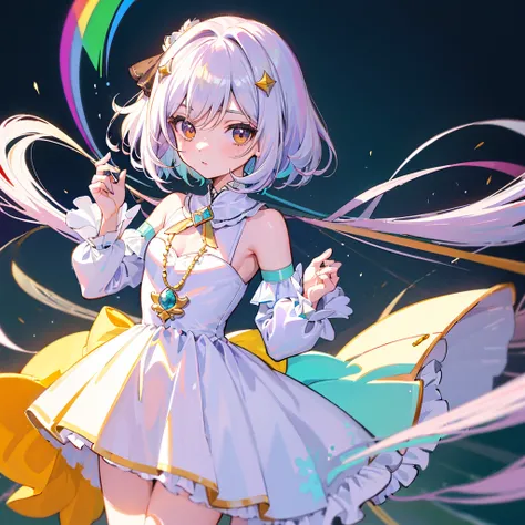 (etiqueta: 1.5) ((Chibi Chara)), fundo branco, Felpudo, garota, Fantasia de Lolita, Chibi Chara, corpo inteiro, Cabelos Pastel, conto de fadas, Fantastic, Rainbow, design de camisetas, Melhor obra-prima, best quality, 16k