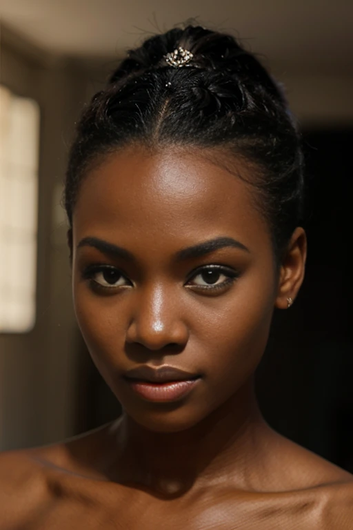 superbe fille africaine, cheveux coupe, yeux bleus, cheveux noir, cheveux courts, hyper realistic