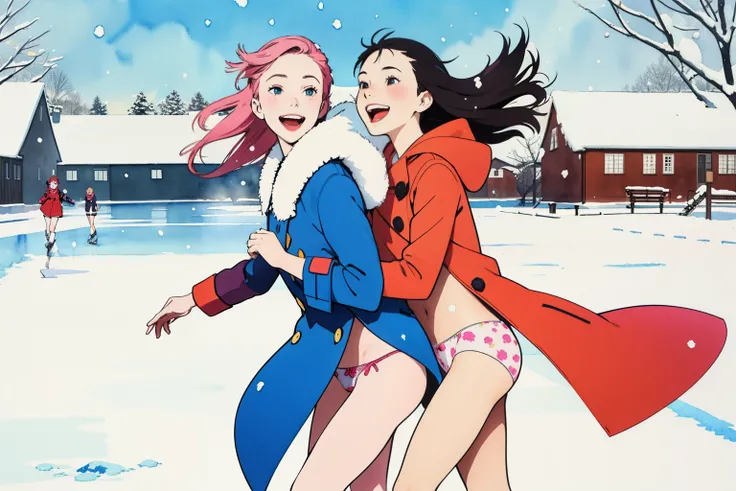 (superflat, flat shading, flat colors),  2girls, 14yo, teen, coat, (print panties), no skirt, long hair, ice skating, smile, laugh, fun, dynamic pose, winter, snow, bright, wide angle, vibrant colors, watercolor, ghibli style