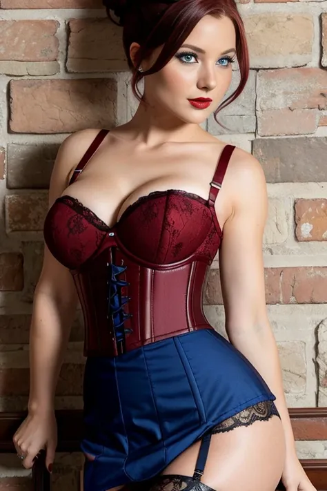 Petite 30 year old woman with burgundy hair in a tight bun, red lips, blue eyes, wearing a slitted lace mini skirt and corset, against a neutral backdrop