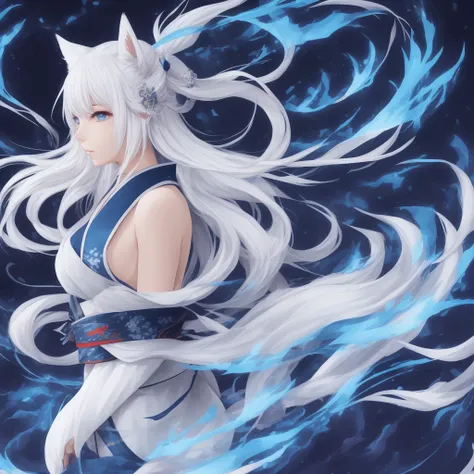 Japanese woman with white fox ears and tail, long flowing white hair, small blue flames around, blue eyes, wearing kimono, anime style