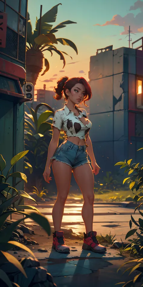 2076 year. N.uh. The Urban Ruins of the Wasteland, Female huntress picking fruit in the garden, torn shirt and denim shorts ,  sweating through, sun rising, Nice warm colors, head to toe full body shot