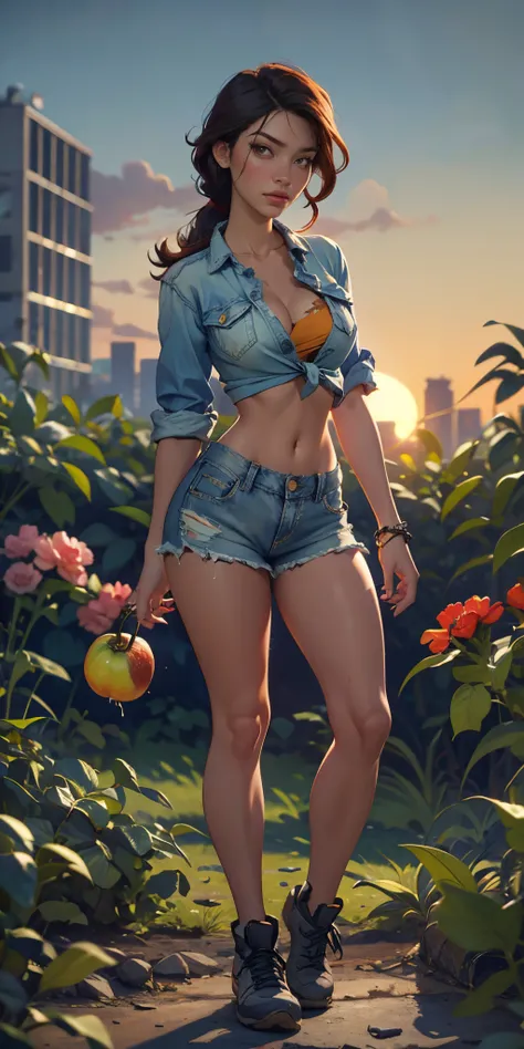 2076 year. N.uh. The Urban Ruins of the Wasteland, Female huntress picking fruit in the garden, beautiful face, torn shirt and denim shorts ,  sweating through, sun rising, Nice warm colors, head to toe full body shot