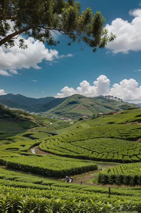 photorealistic image of a beautiful great tea farm, fine details, realistic, nice, tea farm, wide shot