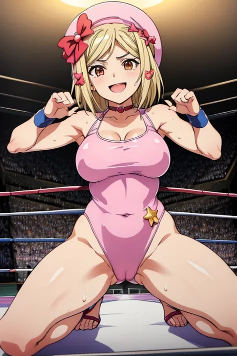 (masterpiece),(best quality), lambdadelta, bikini, swimsuit, pink hat, smile, looking at the viewer, ((Tight leotard)), ((sexy pose)), ((Wrestling ring)), (Big tits), (Wide hips), sweat,