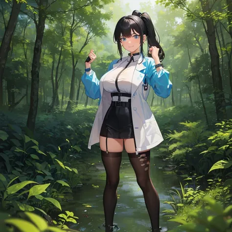 ((1 woman with transparent panties, with a scientists coat)),((just a biomechanical brat)),((big breasts)),((happy face, in a forest)),((wet pussy, nipples erect)),((very large pubic hair)),((short black hair with a side ponytail, with very large bangs cov...