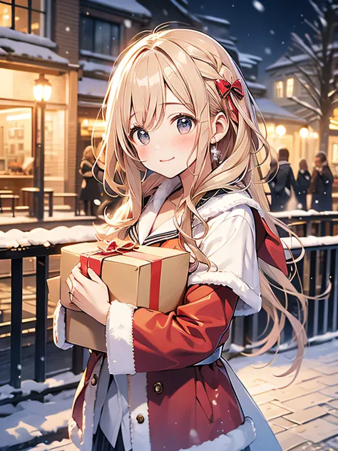 in 8K、top-quality、​masterpiece、ultra-detailliert、Ultra-high resolution、1 persons、17 years old girl、Its snowing、nightcity、a blond、santa costume、deliver a present