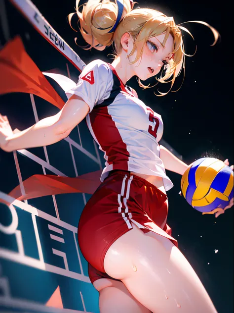 Best Quality, masutepiece,  High resolution, (Anime Heroine Illustration), Anime Paint, 1beautiful girl ,Dynamic Angle,Female volleyball players,small head,Large breasts,nice legs, Glowing skin, Sweat,At the volleyball venue ,Cool,