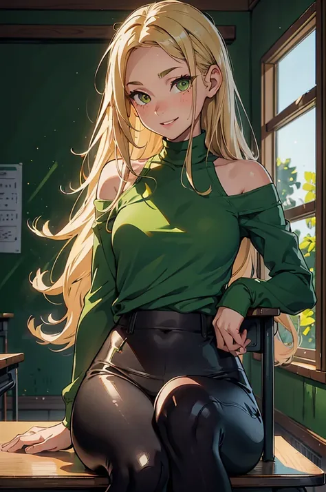 1girl, solo, 16 years old, loose blond hair, wearing crimson leggins and dark green sweather, sitting on chair in classroom, crossing legs, smiling embarassed, side view, bare forehead, hooked nose, puffy cheeks, small breast, alluring, flirty, detailed fa...