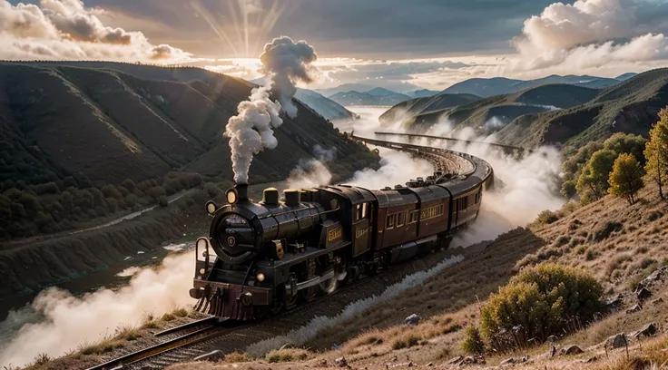 Large landscape, mountains, golden hour, ultra realistic, foggy, cinematic, steam train with turn on spot lights, that train on the high bridge over river, god rays, epic, movie scene, ultra detailed, 24mm lens