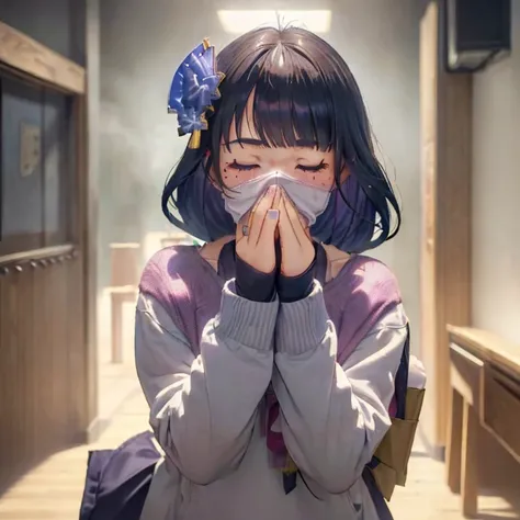 Yellow smoke covering her face, covering nose, upward looking gaze、closed her eyes,((student clothes)),(((syncope))),((shed tears)),((((Girl is surprised when she smells the bad smell of farts)))),((((please cover your face with your hands。&#39;There&#39;n...