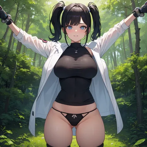 ((1 woman with transparent panties, with a scientists coat)),((just a biomechanical brat)),((big breasts)),((happy face, in a forest)),((wet pussy, nipples erect)),((very large pubic hair)),((short black hair with a side ponytail, with very large bangs cov...